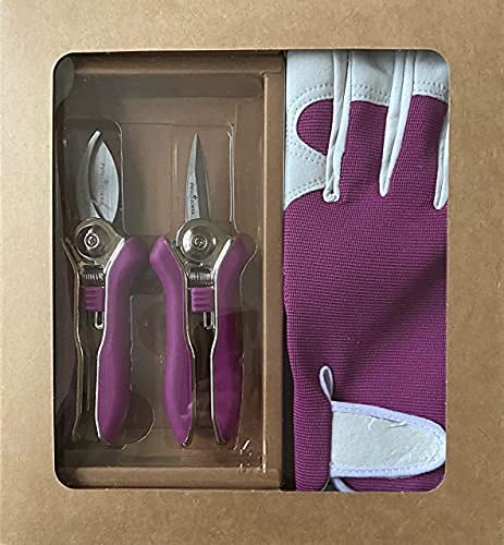 Petal Power Ladies Leather Gardening Gloves & Mini Pruner Secateurs Set (Gloves - Medium, Purple)