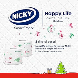 Nicky Happy Life Christmas - Carta Igienica Natalizia, 42 Rotoli da 170 Strappi, a 3 Veli, Apertura Facilitata, 4 Fantasie con Decori Natalizi, Morbida e Resistente, Allegra e Festiva, Carta FSC