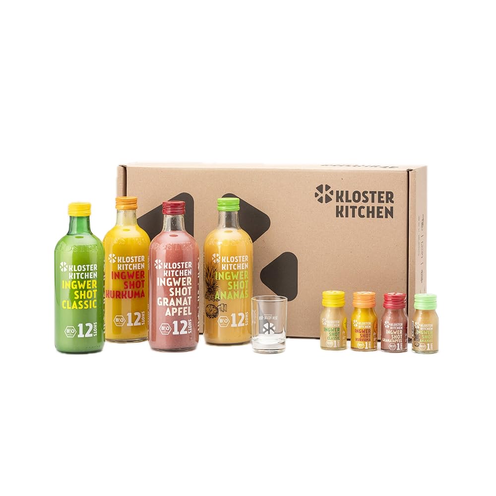 Kloster Kitchen Bio Ingwer Shot Probierset M I 4 Sorten 4x 360 ml + 4x 30 ml mit echten Ingwerstückchen I Geschenkset Ingwershot vegan I süß-scharf & mit natürlicher Süße (inkl. 1,00€ EINWEG Pfand)