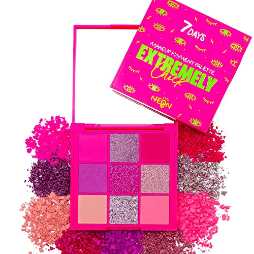 7DAYS Palette Maquillage Yeux Néon, 9 Couleurs | Fard à Paupières UV Glow Ultra Pigmenté Mat Scintillante Paillettes | Kit de Maquillage Fête, Halloween, Festival | Extremely Chick, Pink Punk Cover