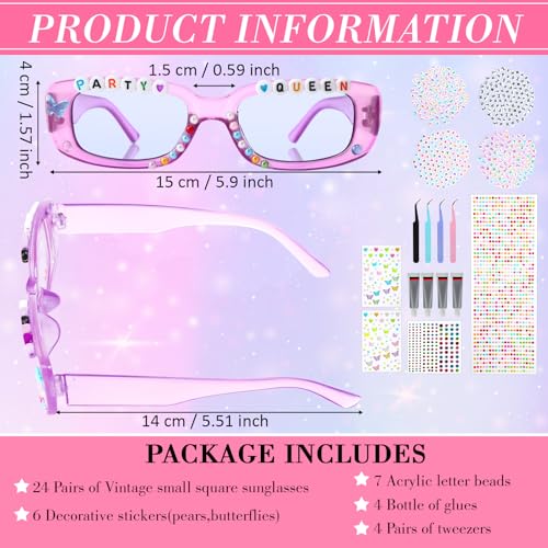 24 Pairs DIY Sunglasses Decorating Kit Popular Singer Party Favors Friendship Glasses Craft Bulk with Letter Beads Glue Tweezers Acrylic Diamond and Pearl Stickers for Women (Square Shape)2