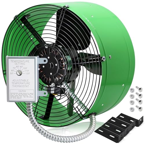Hiorucet Upgraded 15 Inch Gable Vent Exhaust Fan, 1650CFM 2500 SQF High Performance Low Noise Attic Gable Mount Fan with Adjustable Thermostat, 14 Inch Blade and Permanently Lubricated Motor, Green.