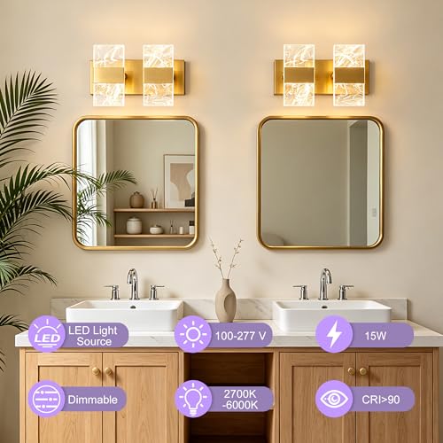 Image of Modern LED Bathroom Light Fixtures Dimmable 2-Light Gold Vanity Light