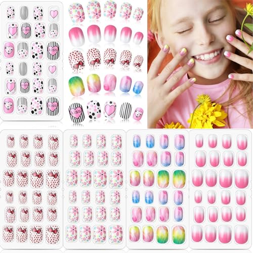 Xrten 120 peças kit de unhas postizas, unhas falsas para crianças, soft gel dicas unhas, unhas de unhas cobertura total, unhas coloridas para bricolage manicure, Halloween, Natal (5 caixas)