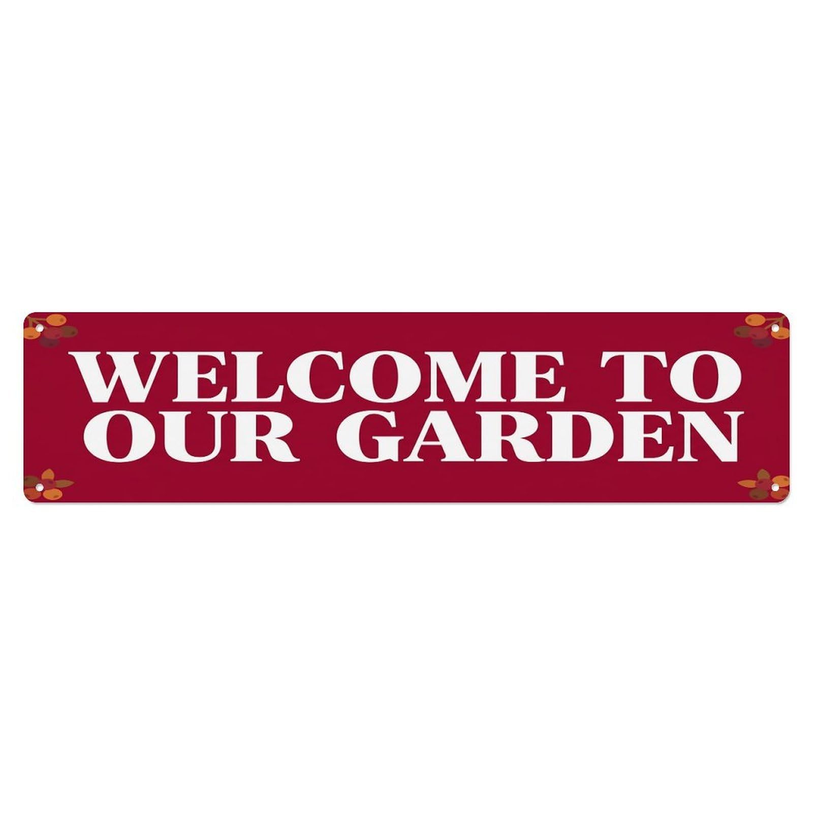 Vintage Welcome to Our Garden Cranberry Metal Tin Sign