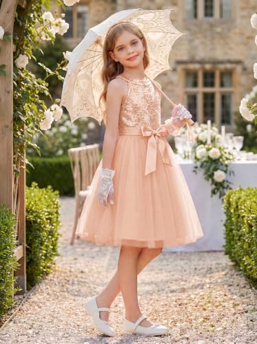 GRACE KARIN Girls Sequin Dress Halter Sleeveless Tulle Princess Party Wedding Flower Girl Dresses Size 8,Rose Gold — view 6