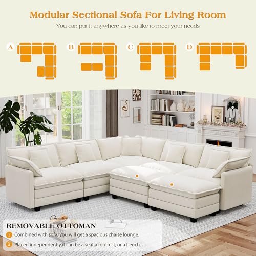 Image of 113.8 inch Modular Sectional Sofa,Cloud Couch for Living Room,Modern Deep Seat Sofa 5 Seater Chenille Fabric Comfy L Shaped Couches with Throw Pillows & Movable Ottoman for Apartment