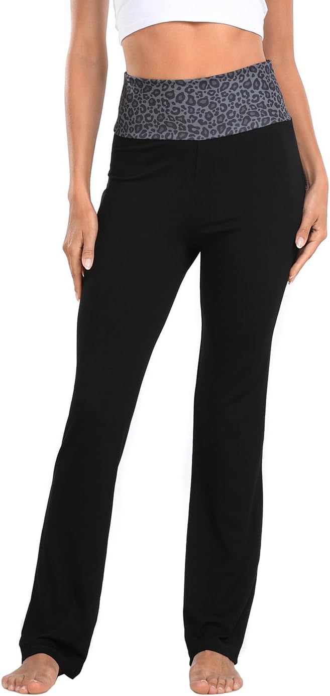 Women's Color Block Fold Over Waist Yoga Pants Flare Leg Workout Leggings