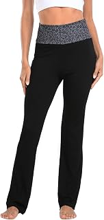 HDE Women's Color Block Fold Over Waist Yoga Pants Flare Leg Workout Leggings
