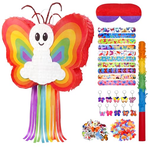 POPCLAP Lot de 133 grandes piñata papillon pour fête d'anniversaire d'enfants avec bâton et bandeau pour les yeux - Décorations de fête pour fêtes,...