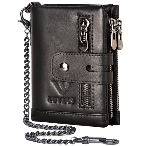 Anti-Theft Mens Wallet with Chain Genuine Leather ID Window Purse with RFID Blocking Bifold Double Zipper Coin Pocket