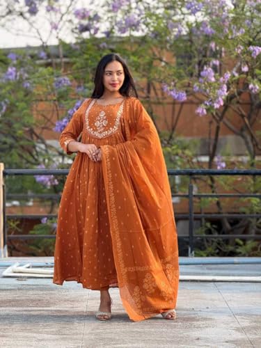 Image of Women's Cotton Embroidery Anarkali Kurti and Pant with Dupatta Set