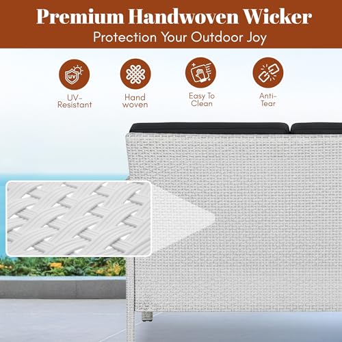Image of DEVOKO Marbella 4 Piece Outdoor Wicker All Weather Balcony, Indoor, Porch, Garden, Terrace Patio Furniture Set with Cushion (White & Black)