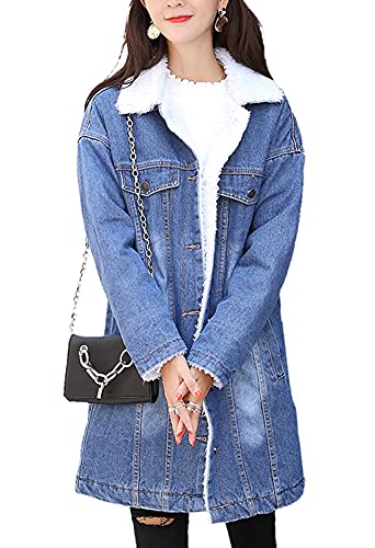 chouyatou Women's Winter Faux Fur Collar Sherpa Lined Long Denim Coat Trucker Jacket