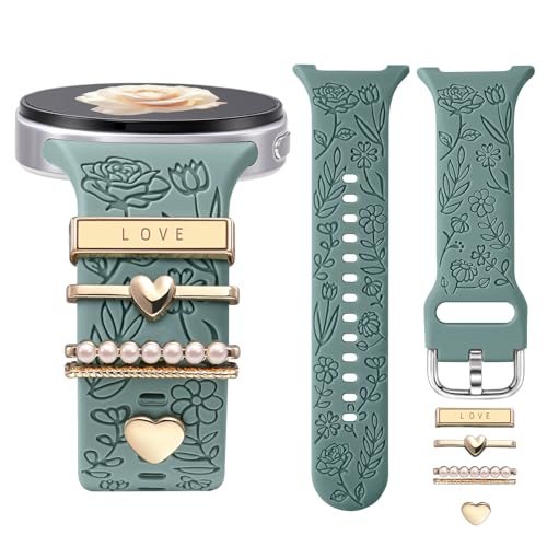 DaQin Flower Engraved Bands Compatible with Samsung Galaxy Watch 8 Band 40mm 44mm/Galaxy Watch 8 Classic 46mm, Soft Silicone Replacement Strap with Fancy Decorative Charms Accessories for Women