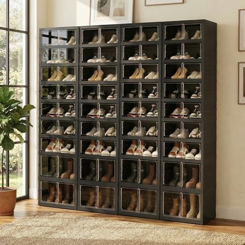 Image of Foldable Shoe Organizer Storage Box Set of 4, Portable Extra Large Folding Shoe Rack for Closet, Shoe Storage Box with Magnetic Transparent Door and Wheels, 9 Layers 18 Grids with 4 Big Grids