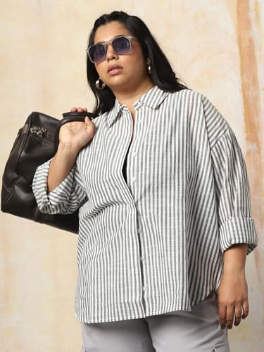 Image of HIGH Star Oversized Striped Cotton Shirt for Women | Stylish Tops for Women | Comfortable and Trendy Casual Shirt