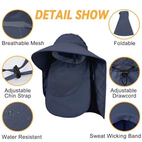Image of Sun Hats for Men Women Detachable Face Cover Wide Brim Fishing Hats with Neck Flap UPF 50+ Outdoor Safari Hats