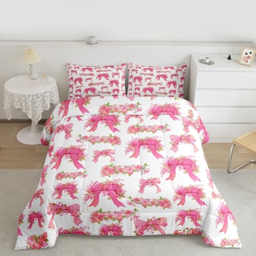 Image of Erosebridal Pink Floral Bowknot Queen Bedding Set Girly Bows Ribbons Comforter Set for Kids Teens Valentine Flowers Comforter Bow Tie Princess Duvet Insert