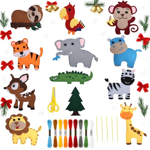 MOPUBZO 12 Stück Filztiere Nähen Kinder Set, DIY Tierformen Filz Nähset für Kinder ab 6 Jahre, Nähtiere Bastelset mit Tierformen aus Filz, Kindernähset zum Basteln & Nähen von Kuscheltieren