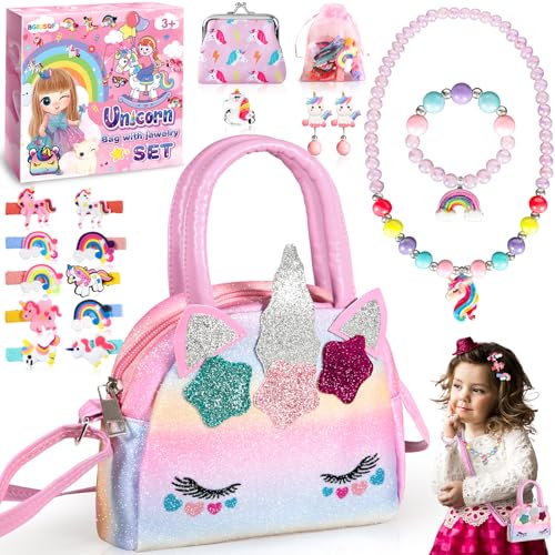 BGIUSQF Unicórnios para meninas, conjunto de mala de unicórnio para menina, jogos de jóias para menina, anéis, brincos, colares, pulseiras, mosquetas, bolsa de menina, unicórnio presente menina 3 4 5