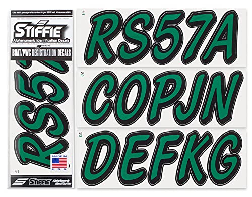 Image of STIFFIE Whipline Solid Racing Green /Black 3 inch Alpha-Numeric Registration Identification Numbers Stickers Decals for Boats & Personal Watercraft