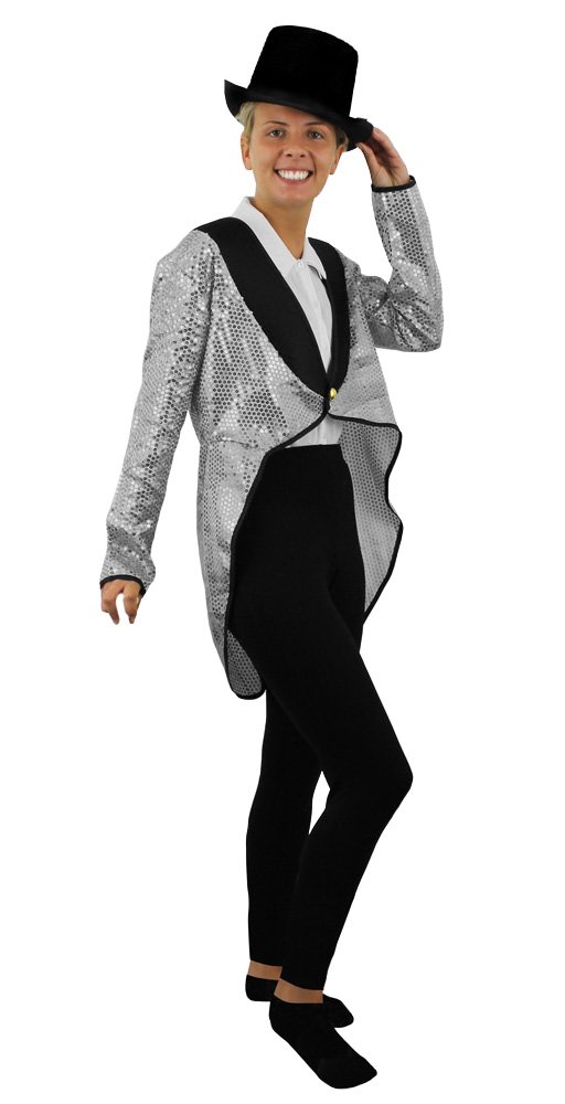LADIES SILVER SEQUIN TAILCOAT + BLACK TOP HAT FANCY DRESS ACCESSORY SET DANCE SHOWS MUSICALS OUTFIT CABARET UNISEX TAIL COAT (UK 18-10)