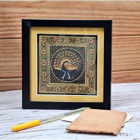 Purpledip Silk Cloth Painting Golden Pecock: Indian Rajasthani Intricate Artwork Framed Cover