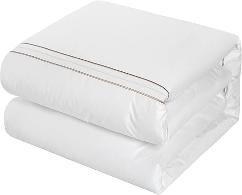 Miniatura 6 de Chic Home Milos - Juego de edredón de algodón de 4 piezas, color blanco sólido con borde bordado de doble raya, ropa de cama de la colección de