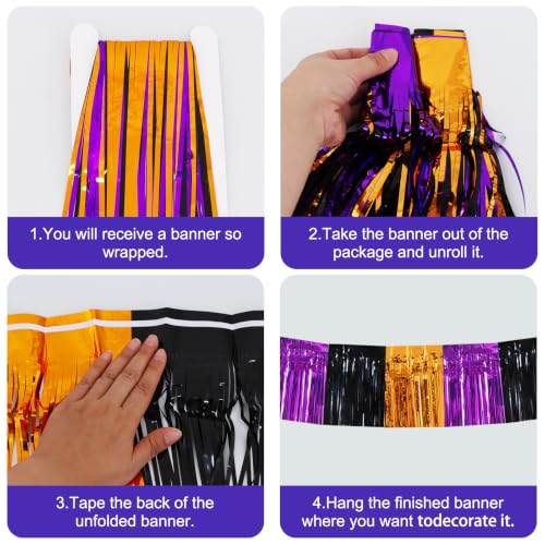Image of BEISHIDA 3PK Black Orange Purple Foil Fringe Garland 30ft Tinsel Banner