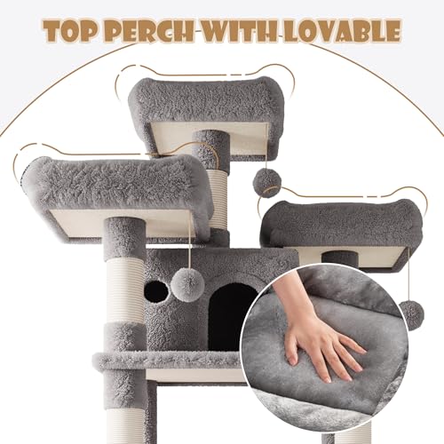 Image of SHA CERLIN 81 Inches Extra Large Cat Tree for Indoor Adult Cats /XXL Big Cat Tower with Condo /Cozy Perches /Sisal Scratching Posts and Hammocks /Activity Center /F80 /Heavy Duty /Grey