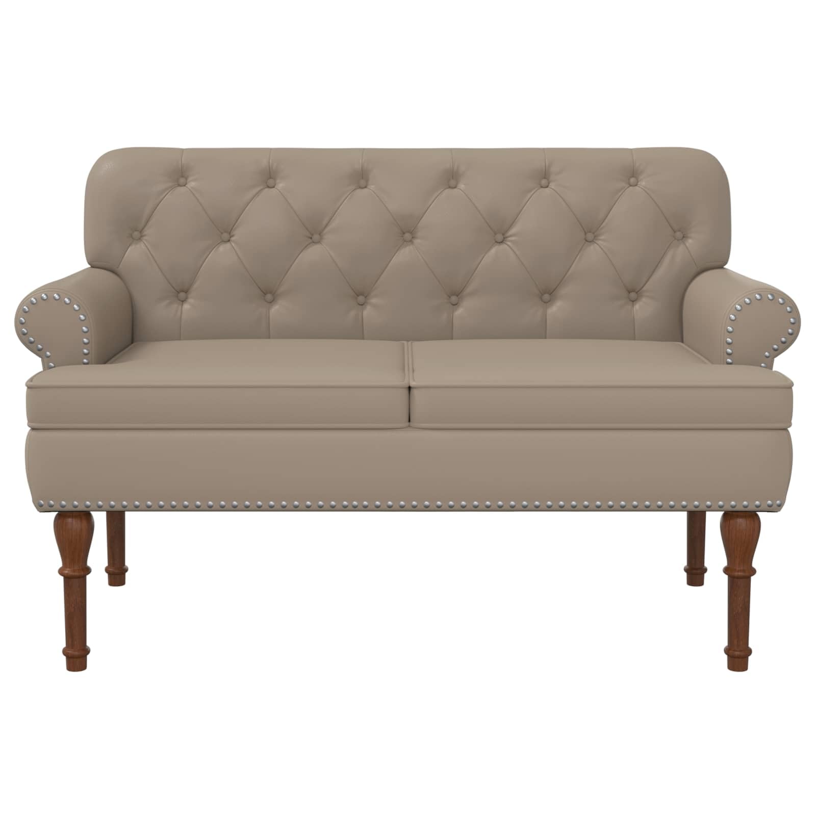 Cappuccino - Asiento de dos plazas con cierre de botón, piel sintética con marco de madera y patas de madera de caucho, 120 x 65 x 77 cm, 2 plazas para salón o dormitorio