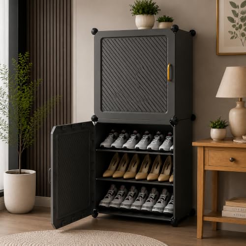 Image of Plastic Shoe Rack for Home with Door | 6-Shelf DIY Shoe Cabinet Organiser | Stores 12Pairs | Foldable & Waterproof Shoe Stand for Entryway, Bedroom (Grey-HS1, 6-Layer)