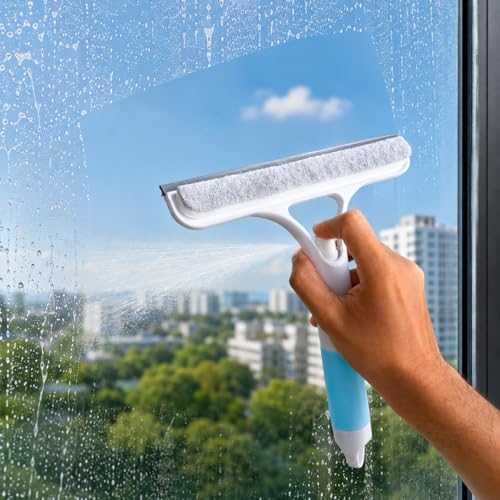 Image of Solitude 3-in-1 Window Cleaning Scraper | Spray Squeegee with Built-in Spray Bottle | Replaceable Sponge | Glass Cleaner Wiper for Home, Car, Bathroom & Mirrors (Multicolor)