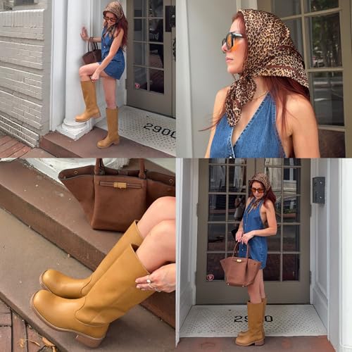 JustFab Womens Knee High Boots Faux Leather Brown Riding Boots Knee High Boots for Women Womens Low Heel Casual Boots for Women4