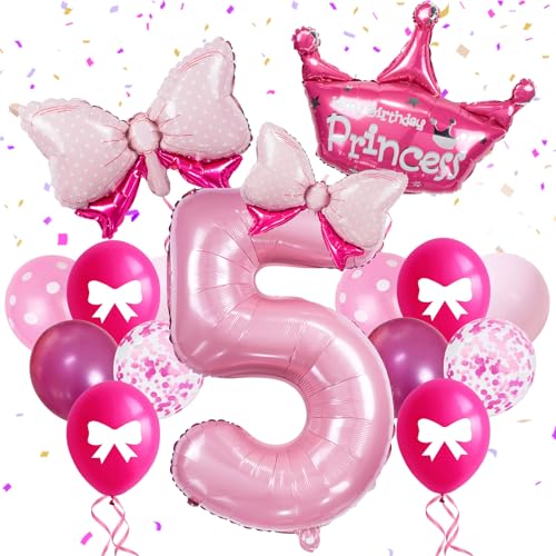 FJZEPIN 32-Inch Number 5 Balloon Set with Bows & Crown - Pink princess birthday party decorations for Girls, crown balloons, princess balloons, suitable for birthday decorations (5)