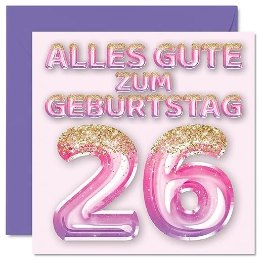 Tarjeta de cumpleaños 26 para mujer, globos con purpurina rosa y morada, tarjetas de felicitación de cumpleaños para 26 años, esposa, hija, hermana, tía, 145 mm, veintiséis, veintiséis cumpleaños