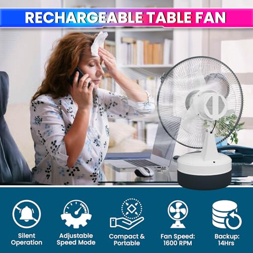 Image of amiciSolar 12-Inch Rechargeable Table Fan - Portable 3-Speed AC /DC Fan with 14-Hour Battery Backup, Silent Operation, and Table Mount​
