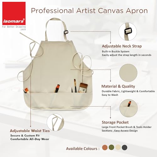 Image of Isomars Painter's Apron - Grey Canvas Art Apron for Artists, Painters, Students & Crafters - Size: Regular - 23.5 inch x 24.5 inch