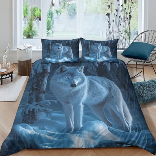 Drap de couette loup d'hiver microfibre imprimé 3D avec taies d'oreiller