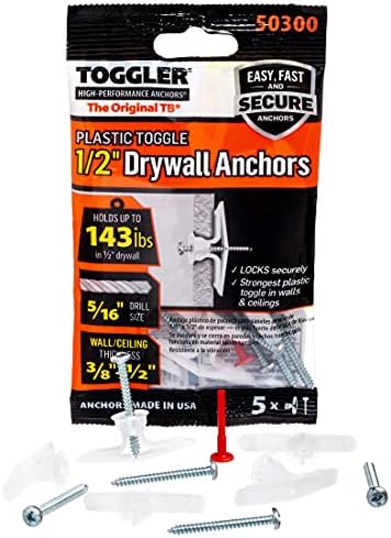 TOGGLER Toggle TB Residential Drywall Anchor with Screws, Polypropylene, Made in US, 3/8" to 1/2" Grip Range, For #6 to #14 Fastener Sizes (Pack of 5)