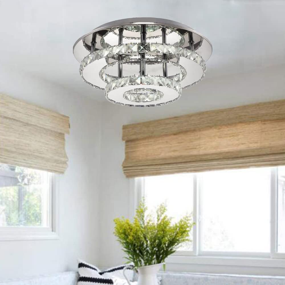 Cristal Plafonnier Lustre LED 36W Rond Plafonnier Dimmable Avec Télécommande Moderne Salon Pendentif Lampe Chambre Salle À Manger Couloir Éclairage Intérieur Extérieur Argent