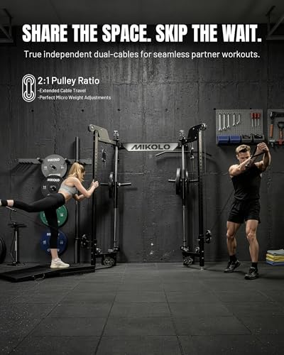 Image of Mikolo Folding Squat Rack, Wall Mounted Power Rack with Cable Crossover Machine & LAT Pull Down, Functional Trainer with 5 Adjustable Function Modes, Home Gym Package