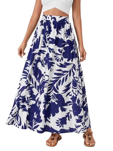 Vrtige Women's Casual Floral Print Elastic High Waist Flare Beach A Line Long Maxi Skirt