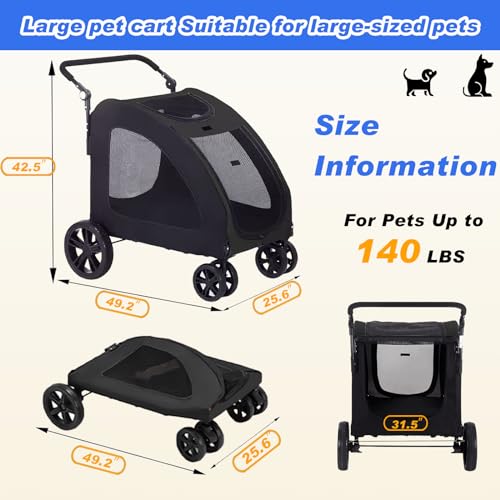 Large Dog Stroller, Removable Cushion Adjustable Handle Foldable 4 Wheel Pet Stroller, Front and Back Access to Dog Wagon for 180 lbs Large Dog or 2 Medium Dogs (Black) Large Dog Stroller, Removable Cushion Adjustable Handle Foldable 4 Wheel Pet Stroller, Front and Back Access to Dog Wagon for 180 lbs Large Dog or 2 Medium Dogs (Black)