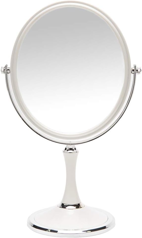 YEAKE Vintage Table Mirror with Stand 8-inch Double Sided Swivel 1X/3X Magnification Desk Mirror with Silver Style 13 Inch Height Standing Tabletop Makeup Vanity Mirror(Oval)