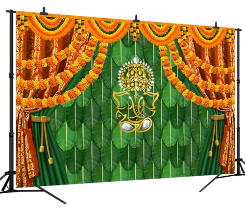Image of 7x5 FT India Pooja Traditional Backdrop Indian Decorations for Pooja Banana Leaf Green Chatiya Ganesh Puja Ganpati Mehndi Photography Background Ganpati Wedding Party Photo Booth Props