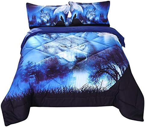 Wowelife Wolf Comforter Sets Twin 5 Piece Wolf Bedding Set Blue with Comforter, Flat Sheet, Fitted Sheet and 2 Pillow Cases for Kids(Twin-5 Piece)