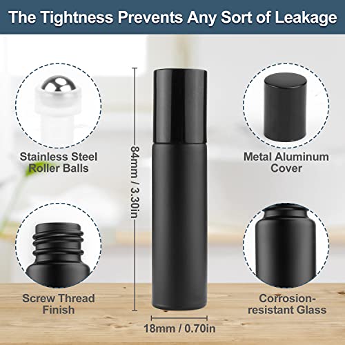 12 Pack 10ml Glass Roller Bottles Black Frosted Roll On Bottles Essential Oil Roller Bottles Perfume Sample Bottles Cosmetic Containers With Stainless Steel Roller Balls Opener&Dropper included2