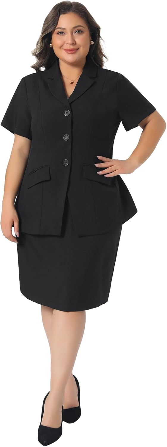 Agnes Orinda Plus Size 2 Piece Skirt Suit Set for Women Business Formal Short Sleeve Blazer and Pencil Skirts Set - Image 3